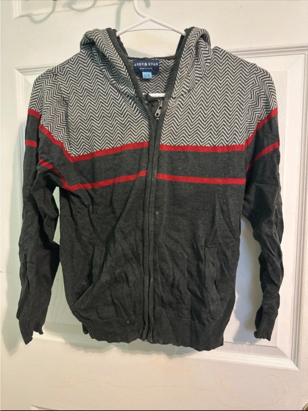 Andy & Evan Charcoal Hooded Zip Sweater with Red Stripes